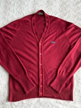 Vintage Izod Lacoste Cardigan Sweater Mens Medium Red Crocodile Button Acrylic